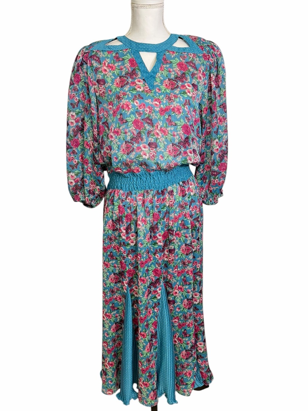 Vtg Diane Freis Floral Butterfly Georgette Midi Dress Full Skirt Pleats M/L